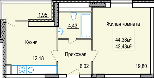 Однокомнатная квартира 44 квадратных метра