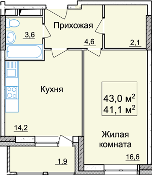 Однокомнатная квартира 43 квадратных метра